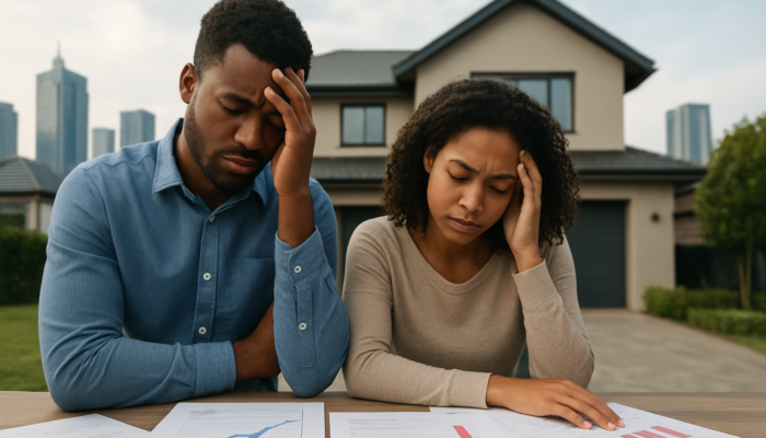 Stressed young couple in Johannesburg viewing modern home amid financial documents and rising interest rates.