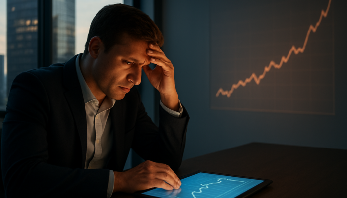 Stressed buyer in Sandton high-rise reviews fixed-rate mortgage charts with rising interest graphs.