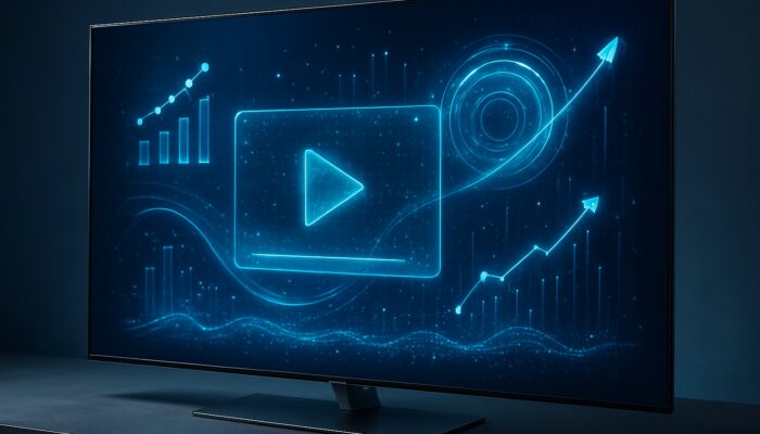 Futuristic smart TV showcasing interactive video ads and data holograms reflecting connected TV trends.