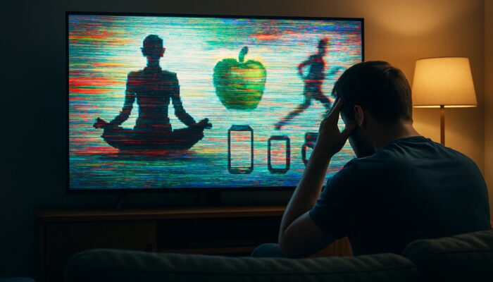 Frustrated viewer in a dim living room staring at a glitchy health advertisement on a smart TV with errors.
