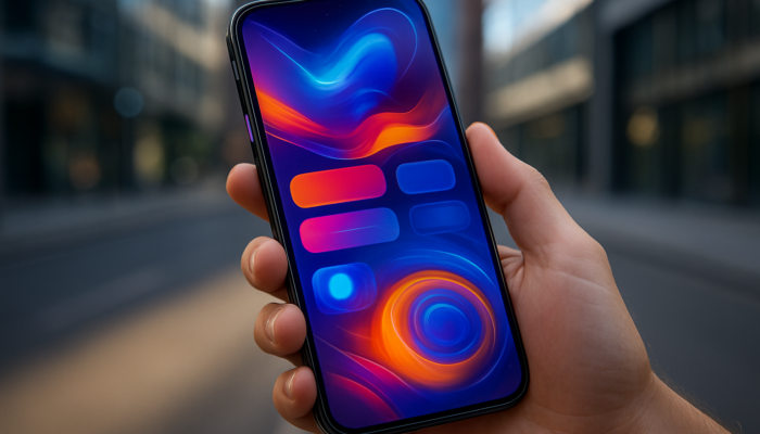 Futuristic smartphone display in Portishead showcasing an AI-personalised website with vibrant 5G media.