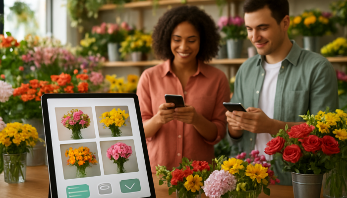 Vibrant florist shop: Tablet shows mobile e-commerce interface with real-time stock updates as customers browse flowers on their phones.
