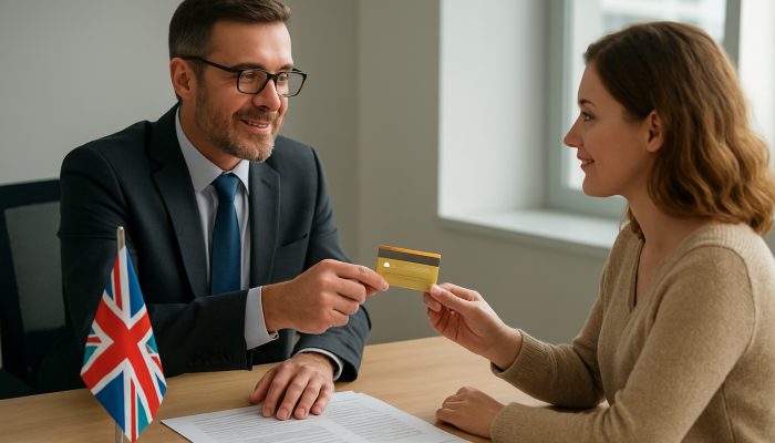Professional handing credit card to family member in London office with UK documents and Union Jack.