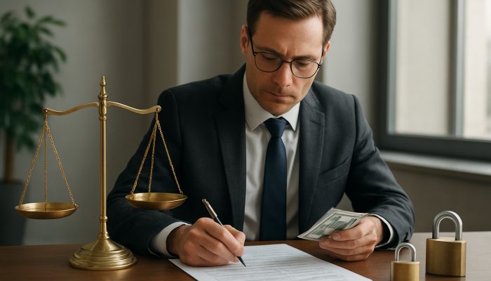 UK financial guardian reviews documents, surrounded by balance scale and secure locks.