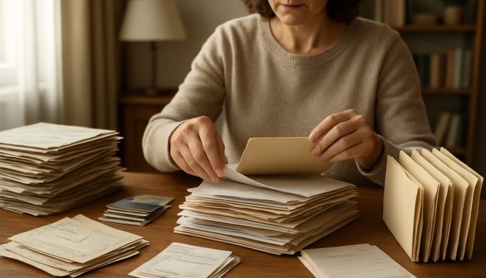 Person sorting old store cards, catalogues, and bills on a cluttered desk for debt organization.