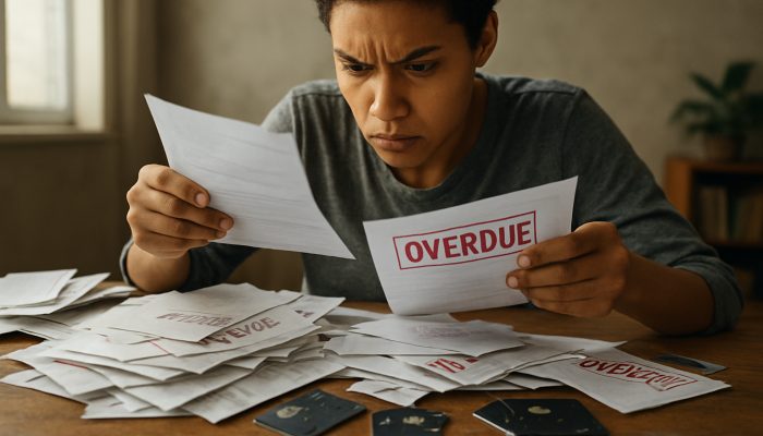 A determined individual sorting overdue bills and broken credit cards on a cluttered desk, symbolising debt management with bad credit.