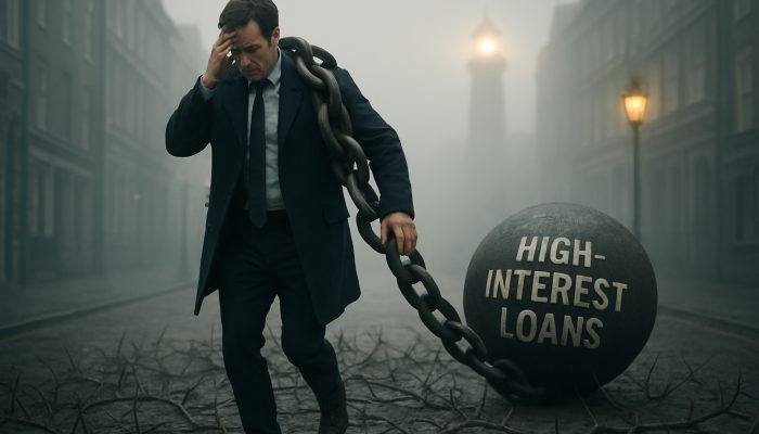 A stressed individual in a foggy London street, chained by high-interest loans, navigating towards a financial advice beacon.
