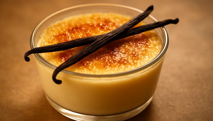 Creamy vanilla bean custard in a glass bowl, garnished with fresh pods and golden caramelised top.