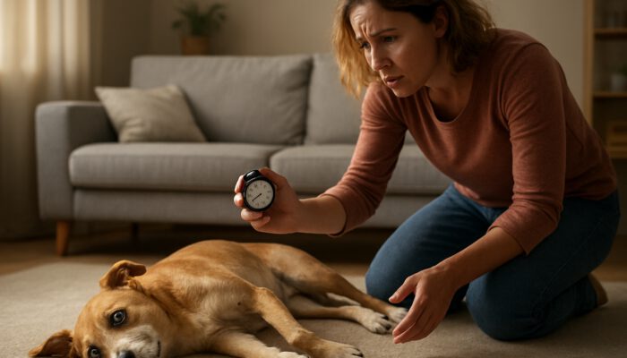 Concerned owner clears hazards in the living room as their dog seizes, timing with a stopwatch and soft lighting.