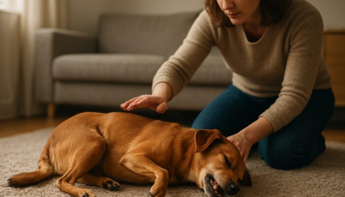 Dog seizing on a soft rug, owner kneeling and gently reaching out in a softly lit living room.