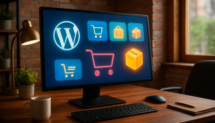 Dynamic WordPress dashboard in a Bridport office, displaying WooCommerce e-commerce icons and shopping carts.