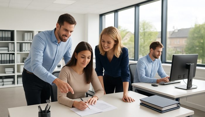 Contemporary office in Yeovil displaying immaculate desks, organised files, and focused employees benefiting from natural light.