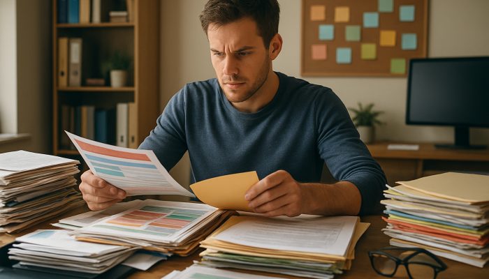 Determined person sorting colorful bills and documents in cluttered home office for debt management.