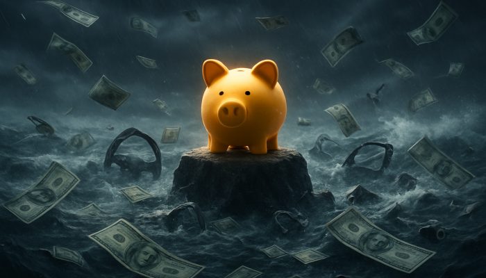 Glowing piggy bank on rock withstands stormy sea of bills and broken car parts, symbolising emergency fund protection.