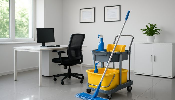 A tidy Ilchester office featuring gleaming surfaces and framed certificates from the British Institute of Cleaning Science.