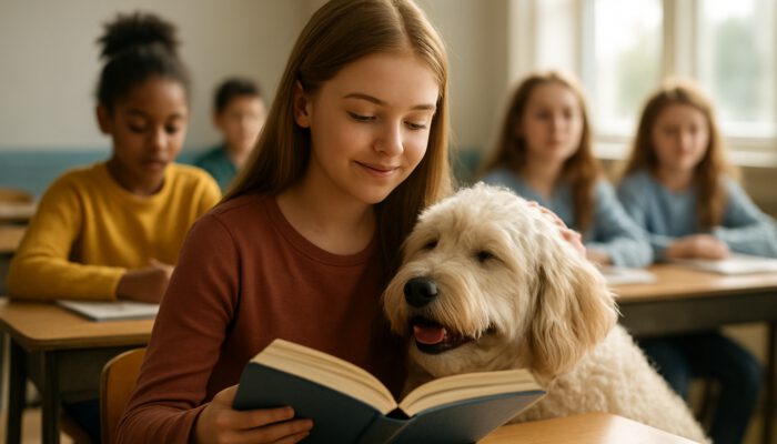 Student interacts with a fluffy therapy dog while reading aloud in a sunlit classroom, surrounded by calm classmates.