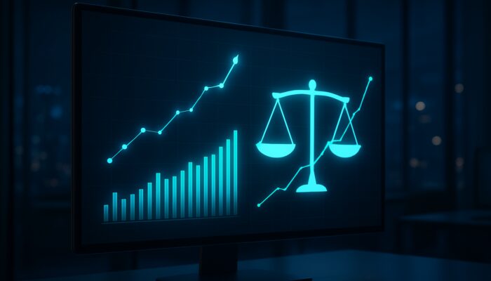 Sleek financial dashboard displaying the Calmar Ratio, upward-trending stocks, and a balance of risk and return in a modern office.