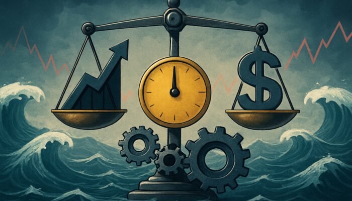 Financial scale balancing the Calmar Ratio amid stock market fluctuations and mechanisms adjusting for volatility and risk.
