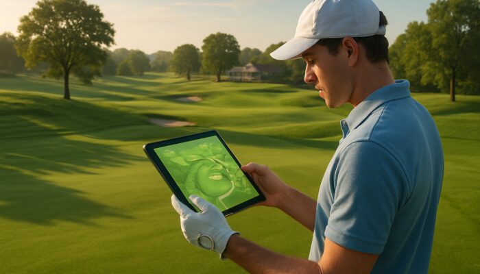 Novice golfer checks tablet with local maps and beginner tips on sunny fairway