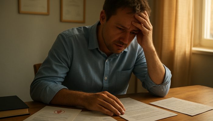 Concerned person at sunlit desk with medical certificates, bills, and letters requesting creditor relief