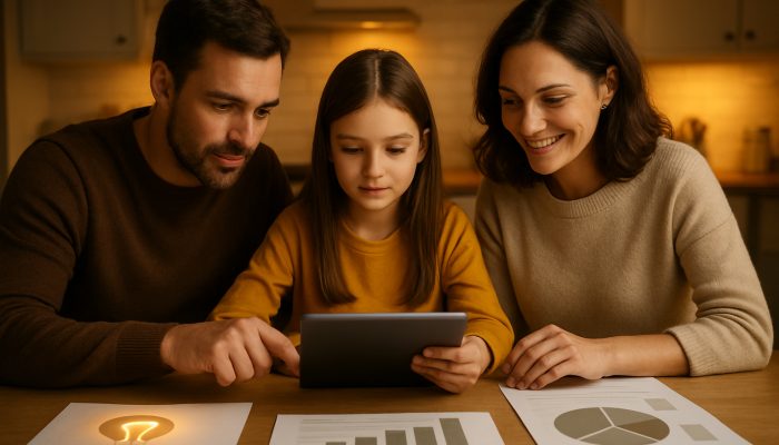 Family reviewing energy bills on tablet at kitchen table amid income charts for financial control