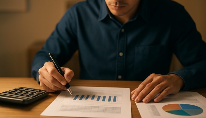 Person reviewing income statements for debt consolidation affordability assessment with calculator and charts