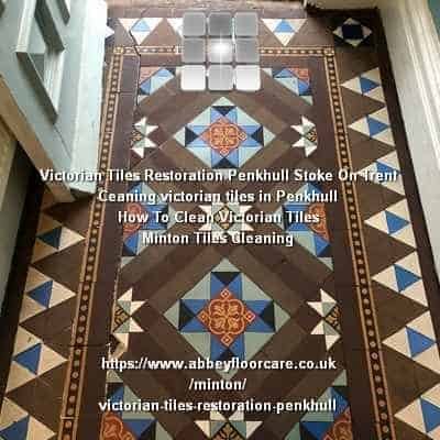 Victorian hallway tiles in Penkhull uncovered after carpet removal with dark residue and uneven wear