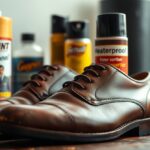 A pair of polished brown smooth leather dress shoes sits on a table, surrounded by various shoe care products, including waterproofing spray and other superior alternatives like bottles and sprays labelled "Helaint," "Gayert," and "Heaterproof.