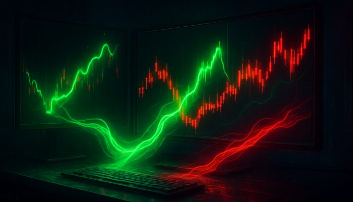 Cyberpunk trading desk with holographic Chaikin Money Flow charts, green inflows, and red candlesticks