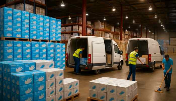 Hucknall warehouse filled with bulk boxes of vinyl gloves as delivery vans load supplies under bright lights.