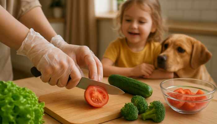 Hands in clear vinyl gloves preparing fresh food in a welcoming family kitchen with a child and pet nearby.