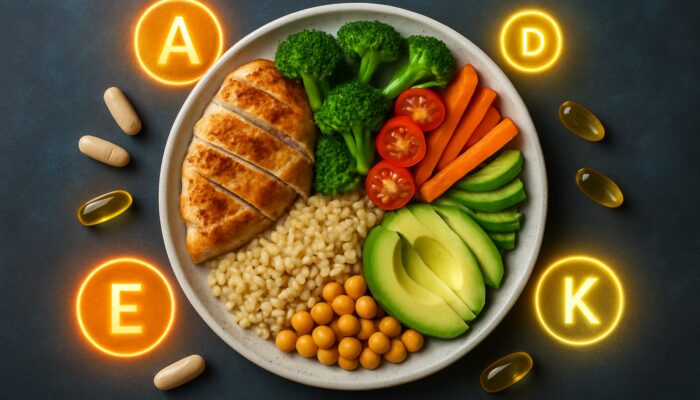 Balanced plate depicting protein, carbohydrate, and fat sections alongside supplement capsules and vitamin icons