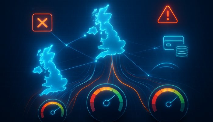 Futuristic digital web connecting UK credit agencies Experian, Equifax, TransUnion with score metrics and payment notifications