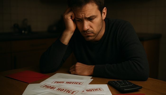 Concerned individual at a dimly lit table surrounded by overdue gas, electricity, and water bills marked final notice