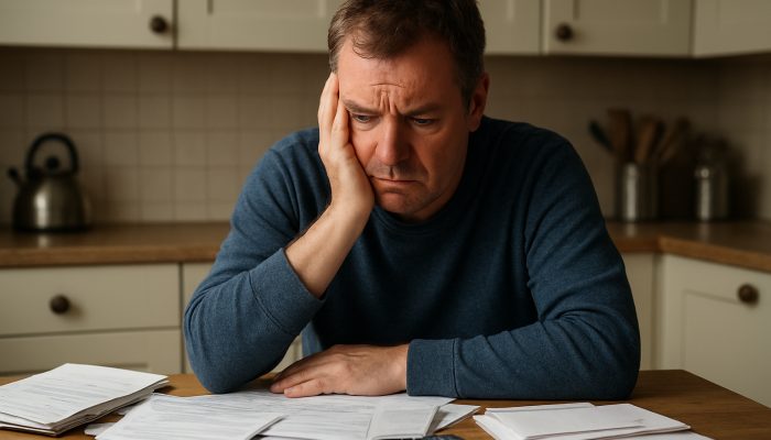 Anxious British resident at a cluttered table with council tax bills and support letters