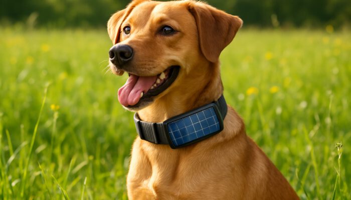 Happy dog in a field wearing a fashionable solar-powered collar with illuminated photovoltaic cells