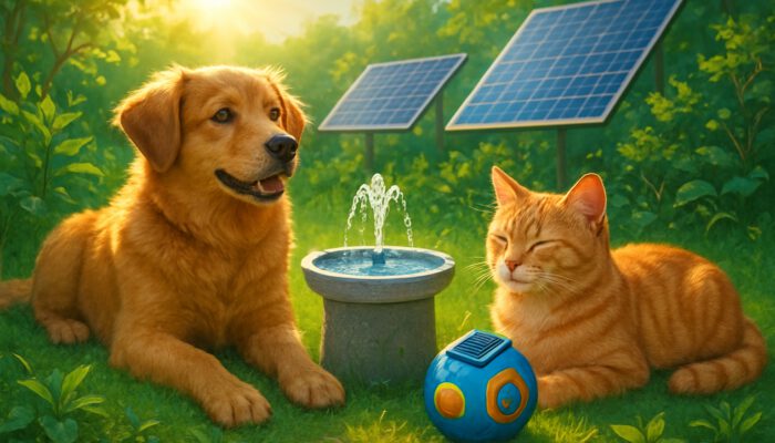 Dog and cat enjoying solar-powered pet gadgets in a sunny eco-friendly garden featuring solar panels.