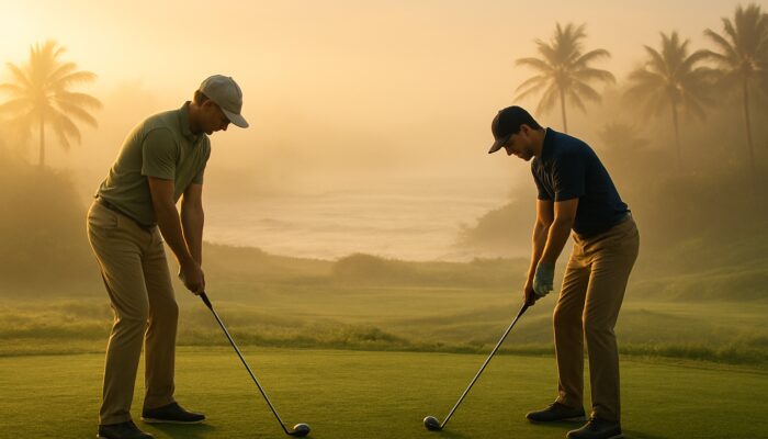Golfers adjusting stances and grips on misty Durban coastal course in golden light