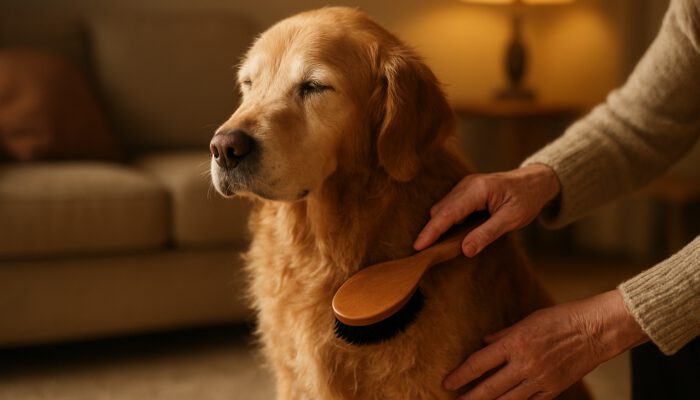 Elderly golden retriever with dry, patchy fur being gently brushed by owner in a cosy home.