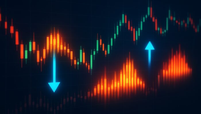 Trading interface displaying glowing volume clusters, reversal arrows, and volatile candlesticks amid market fluctuations.