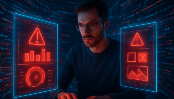 Futuristic developer analysing holographic GTmetrix and PageSpeed Insights dashboards with red performance alerts