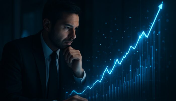 Trader assessing glowing holographic charts of rising profit-to-drawdown ratio in a dimly lit office