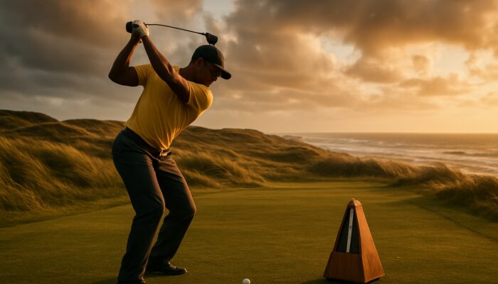 Focused South African golfer mid-swing with a metronome on a windy coastal fairway at golden hour