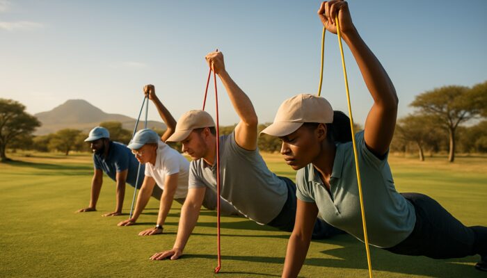 A diverse group of golfers performing planks and resistance band presses on a sunlit South African savanna golf course.