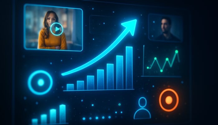 Neon digital dashboard displaying live X video ads and real-time global engagement metrics.