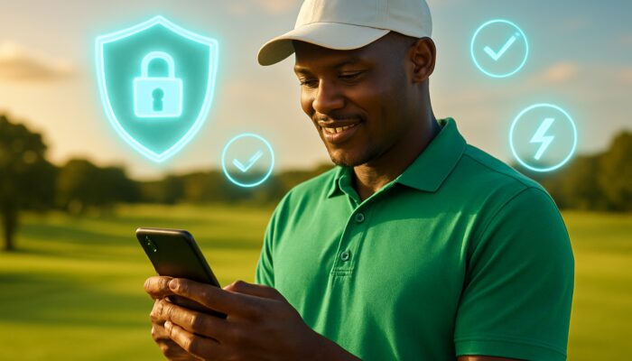 South African golfer checking licensed betting app with glowing security shields and instant EFT icons
