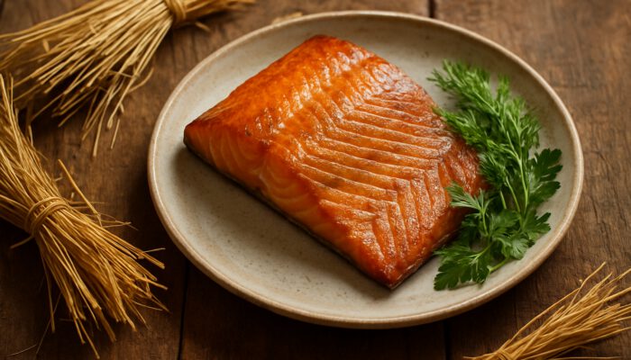 Rustic wooden table with hay-smoked salmon, fresh herbs, ceramic plate, and golden straw bundles in warm light.