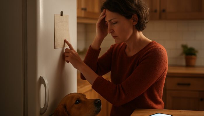 Concerned pet owner checks emergency vet contacts list on the fridge with a dog nearby