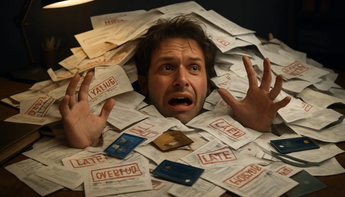 Individual overwhelmed by a chaotic collection of overdue bills and loan documents on a cluttered desk