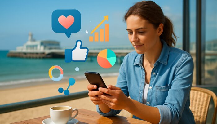 Small business owner devising social media strategy on smartphone in Bournemouth beach café with charts and sea view